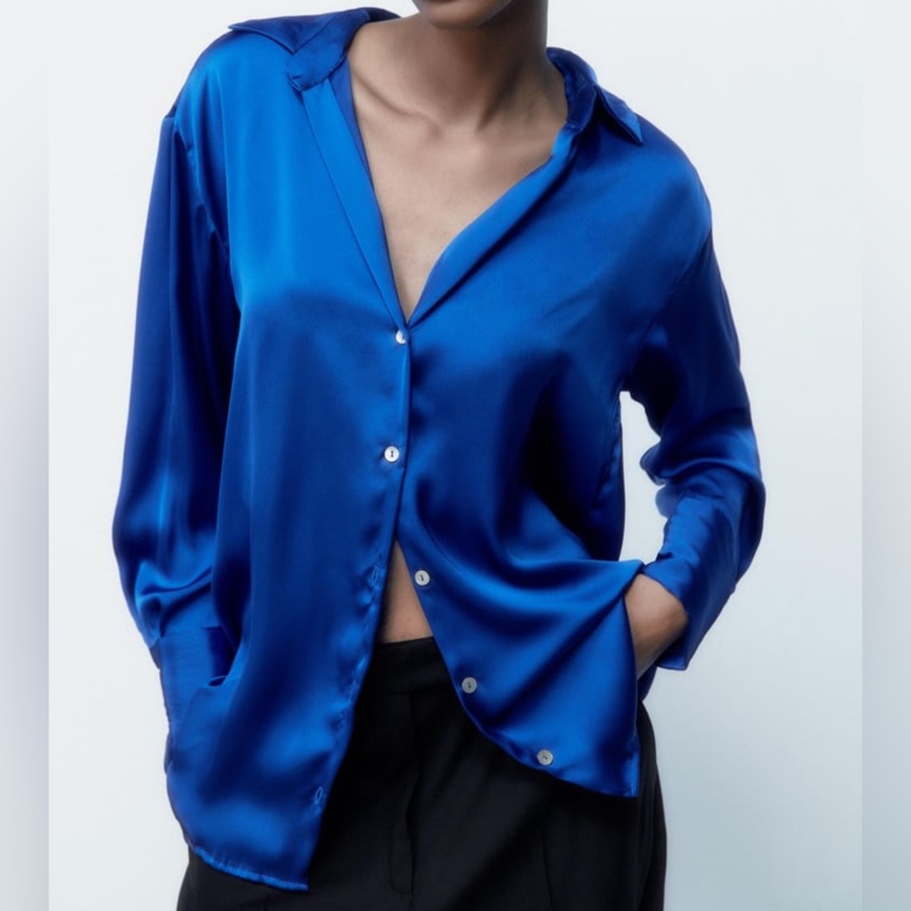 Zara Satin Button-Down Shirt in Vibrant Blue